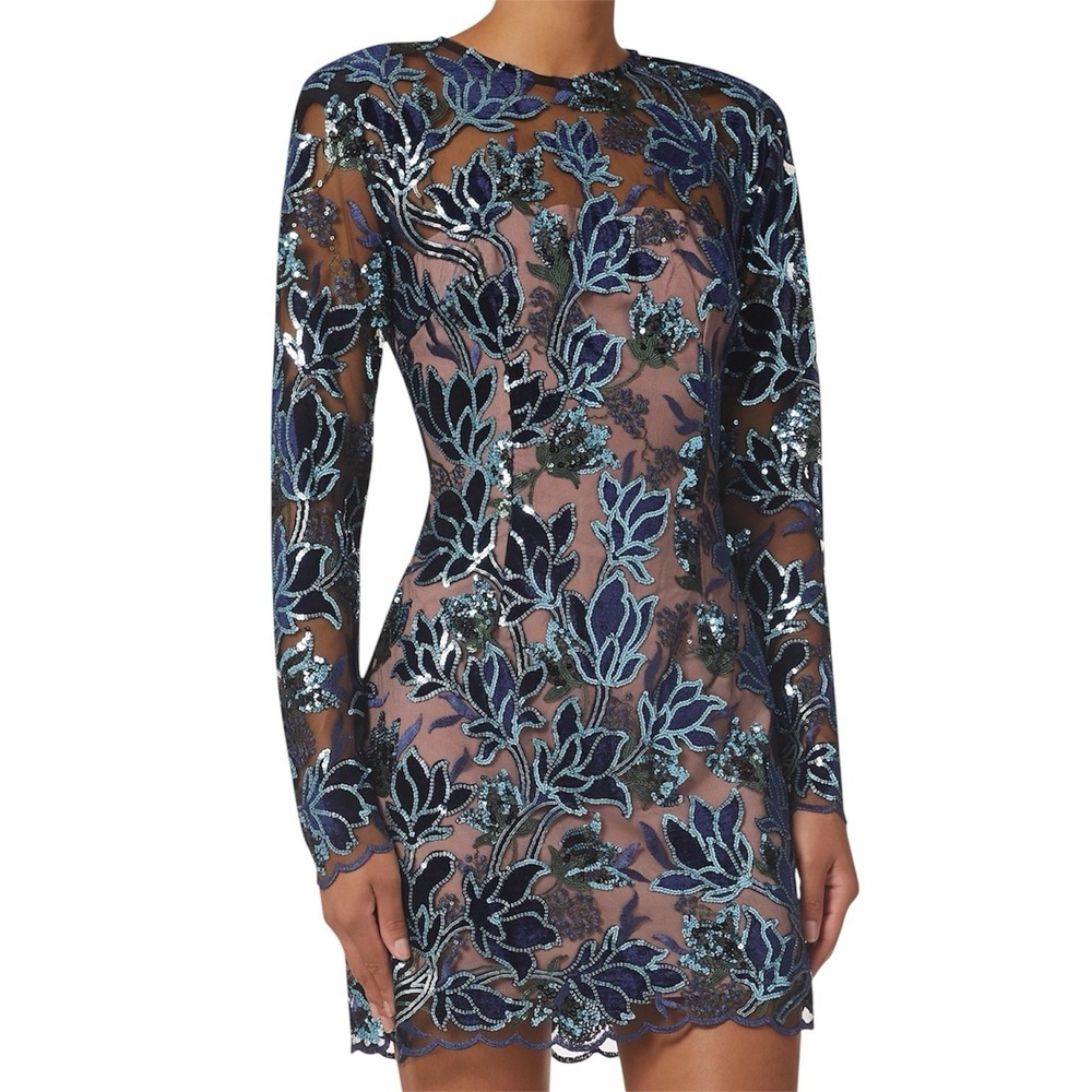 ELLIATT Kylie Sequin Mini Dress Large Sheer Long Sleeve Cocktail Party